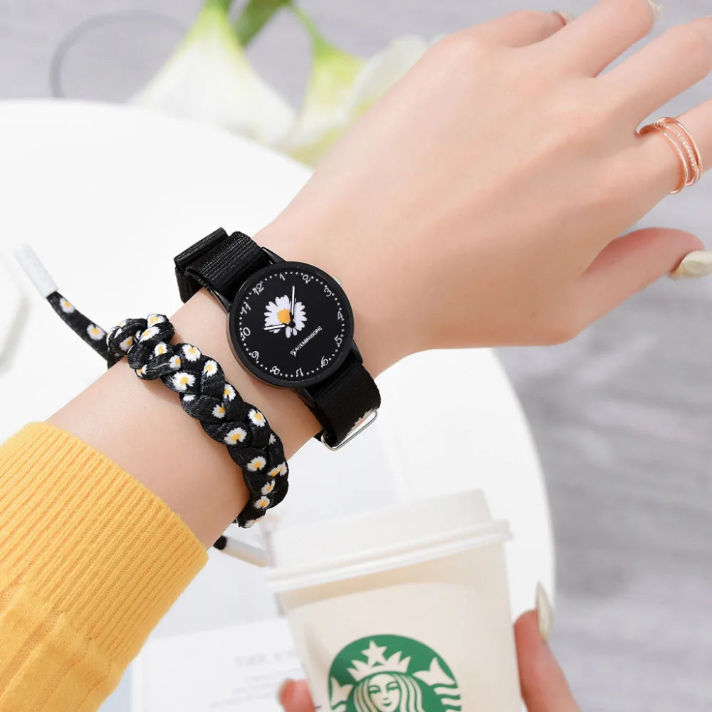 Women Watch Nylon Strap Daisy Flowers Ladies Wristwatches Fashion Watches Bracelet Set Quartz Clock Hot Sales relogio feminino