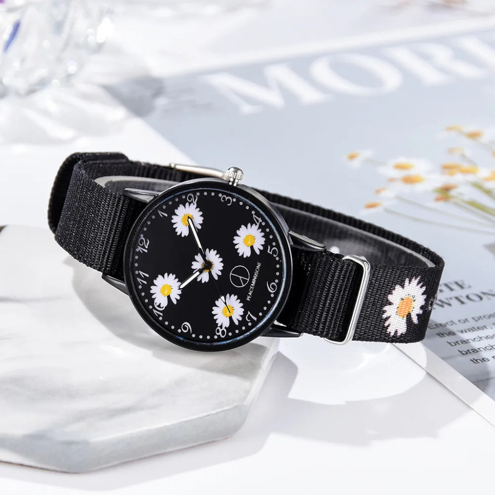 Women Watch Nylon Strap Daisy Flowers Ladies Wristwatches Fashion Watches Bracelet Set Quartz Clock Hot Sales relogio feminino