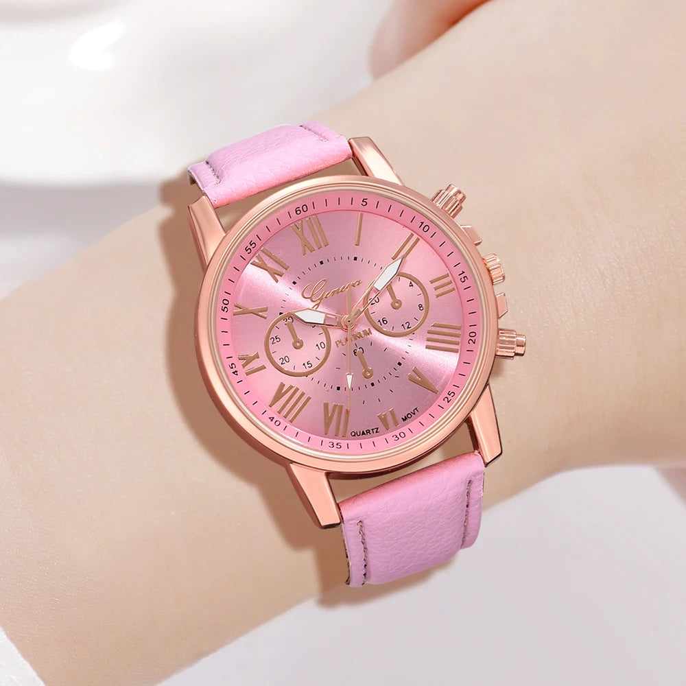 Pink 6PCS/Set Women Watch Roman Numeral Dial Quartz Wristwatch PU Leather Strap Watch Heart Diamond Jewelry Set Gift For Her