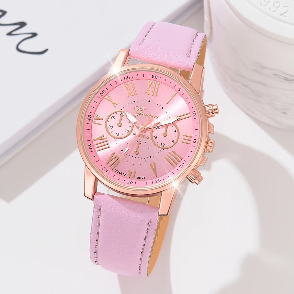 Pink 6PCS/Set Women Watch Roman Numeral Dial Quartz Wristwatch PU Leather Strap Watch Heart Diamond Jewelry Set Gift For Her