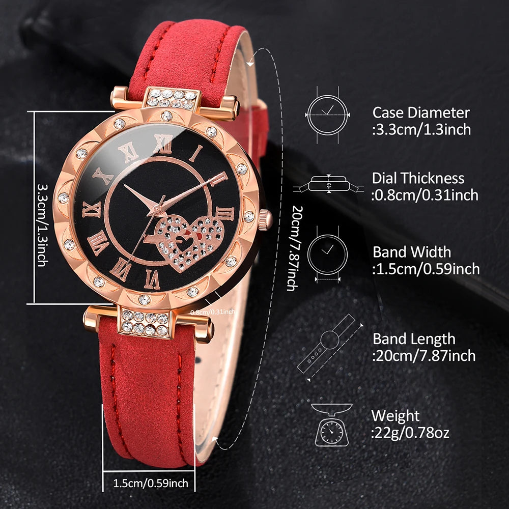 5PCS/Set Women Watch Quartz Diamond Decor Wristwatch Red Leather Strap Fashion Casual Watch Heart-shaped Jewelry Gift For Her