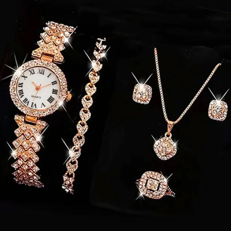 6PCS Set Women Watch Clock Roman Dial Luxury Brand Design Fashion Ladies Quartz Wristwatch Bracelet Set Women Montre Femme Reloj