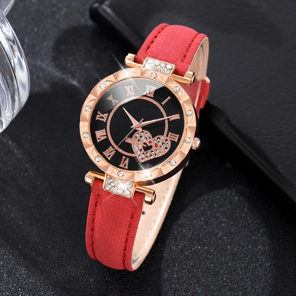 5PCS/Set Women Watch Quartz Diamond Decor Wristwatch Red Leather Strap Fashion Casual Watch Heart-shaped Jewelry Gift For Her