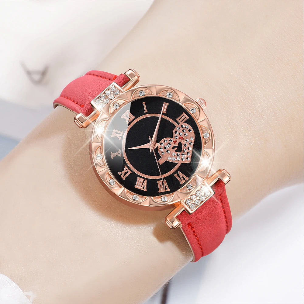 5PCS/Set Women Watch Quartz Diamond Decor Wristwatch Red Leather Strap Fashion Casual Watch Heart-shaped Jewelry Gift For Her