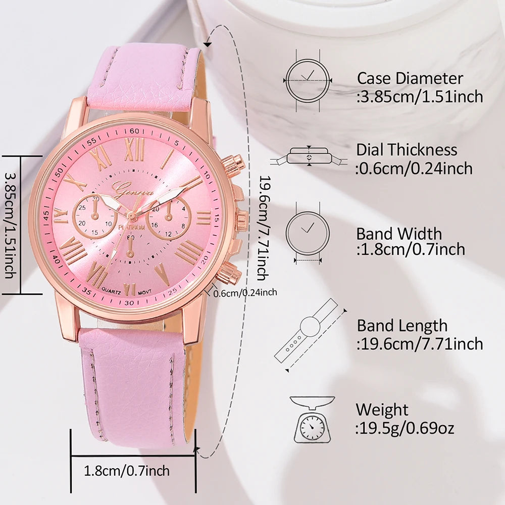 Pink 6PCS/Set Women Watch Roman Numeral Dial Quartz Wristwatch PU Leather Strap Watch Heart Diamond Jewelry Set Gift For Her