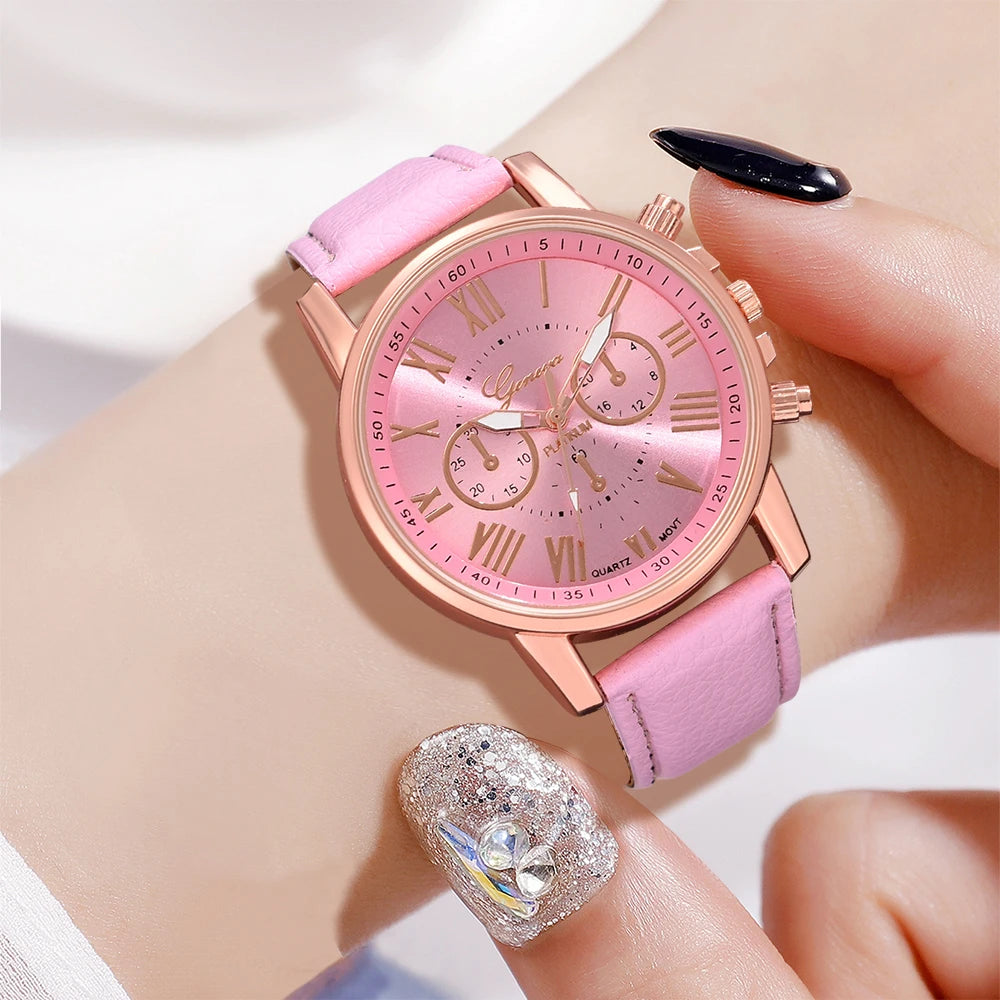 Pink 6PCS/Set Women Watch Roman Numeral Dial Quartz Wristwatch PU Leather Strap Watch Heart Diamond Jewelry Set Gift For Her