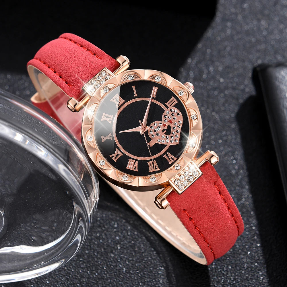 5PCS/Set Women Watch Quartz Diamond Decor Wristwatch Red Leather Strap Fashion Casual Watch Heart-shaped Jewelry Gift For Her